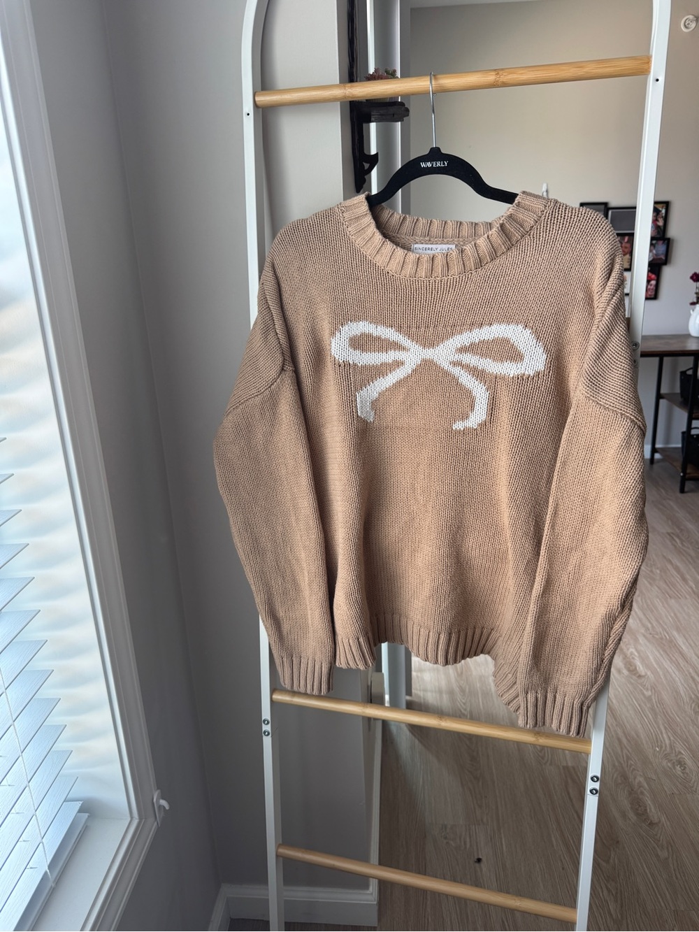 Sincerely Jules Beige Crewneck Sweater with White Bow - Picture 2 of 6